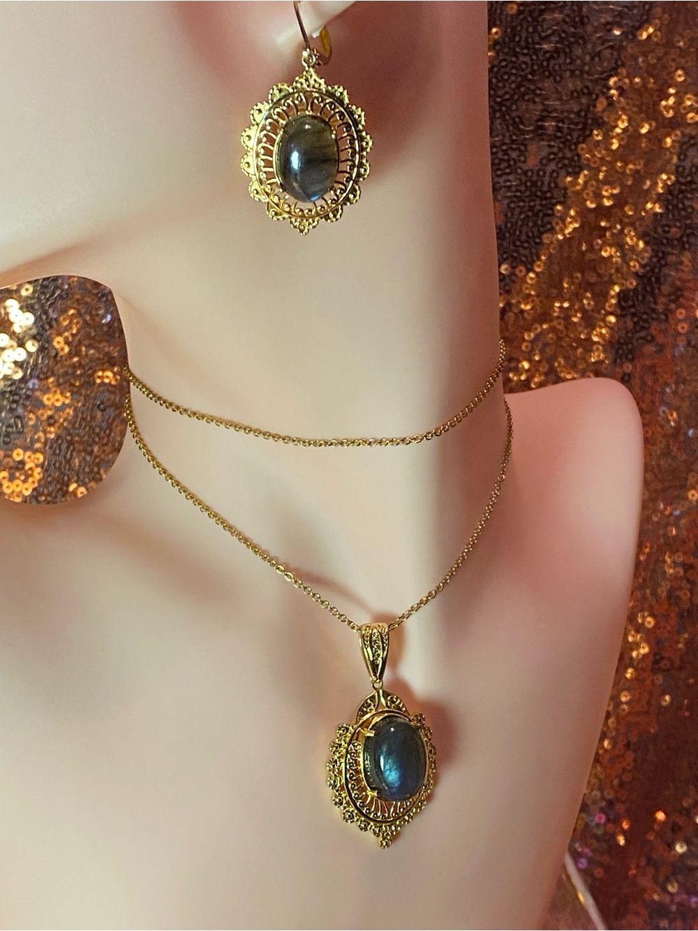 EverTrue Labradorite Jewelry Set | 18K GP Pendant & Leverback Earrings